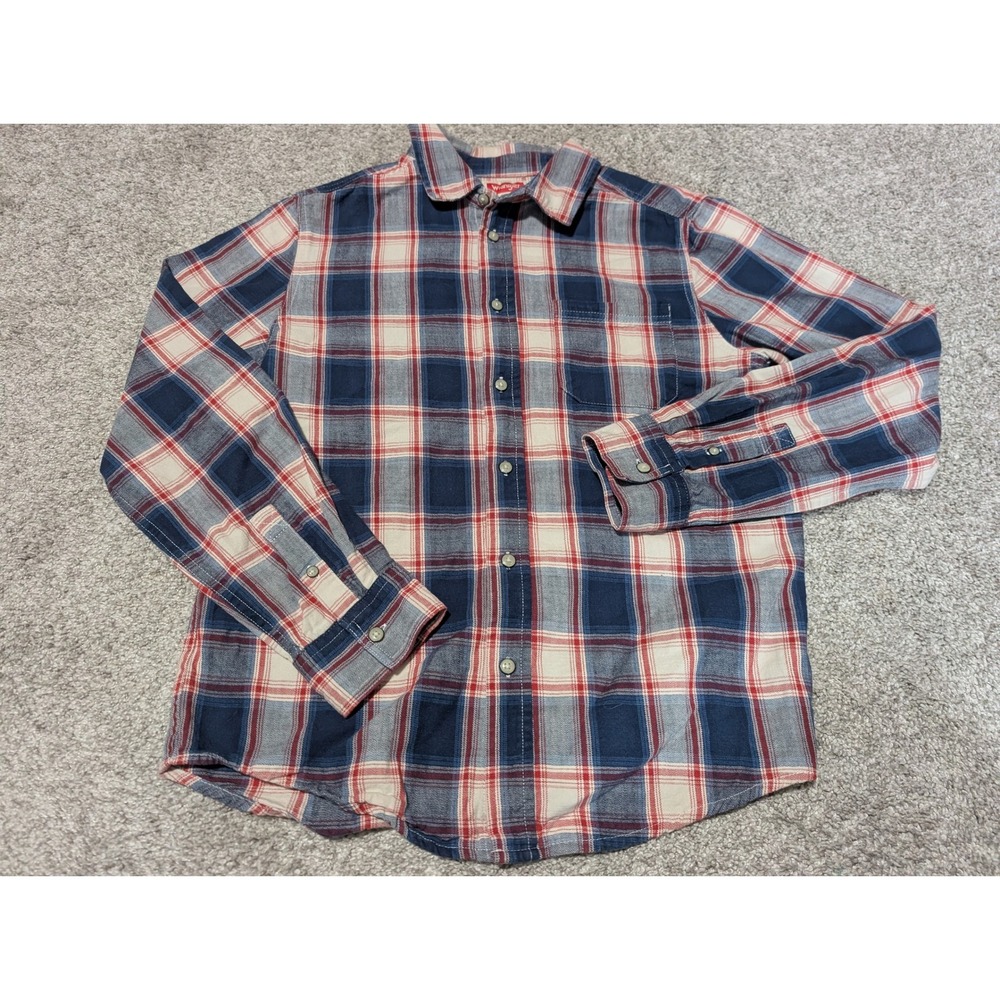 Wrangler Button Down Kids XL 14/16 Blue Red Plaid Flannel Style Western Casual